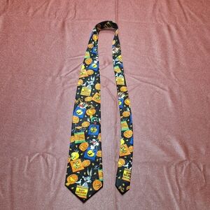 Vintage Looney Tunes Halloween Neck Tie Bugs Bunny Daffy Duck Taz Pumpkins